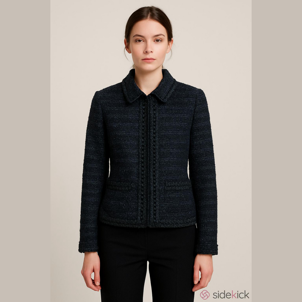 Elie Tahari Sz 10 Navy blue Black Tweed Blazer Jacket Ruffle collar trim